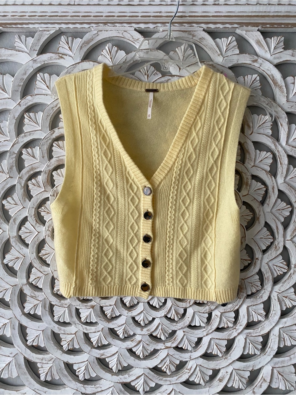 Free People Yellow Cable Knit Cropped Button Vest